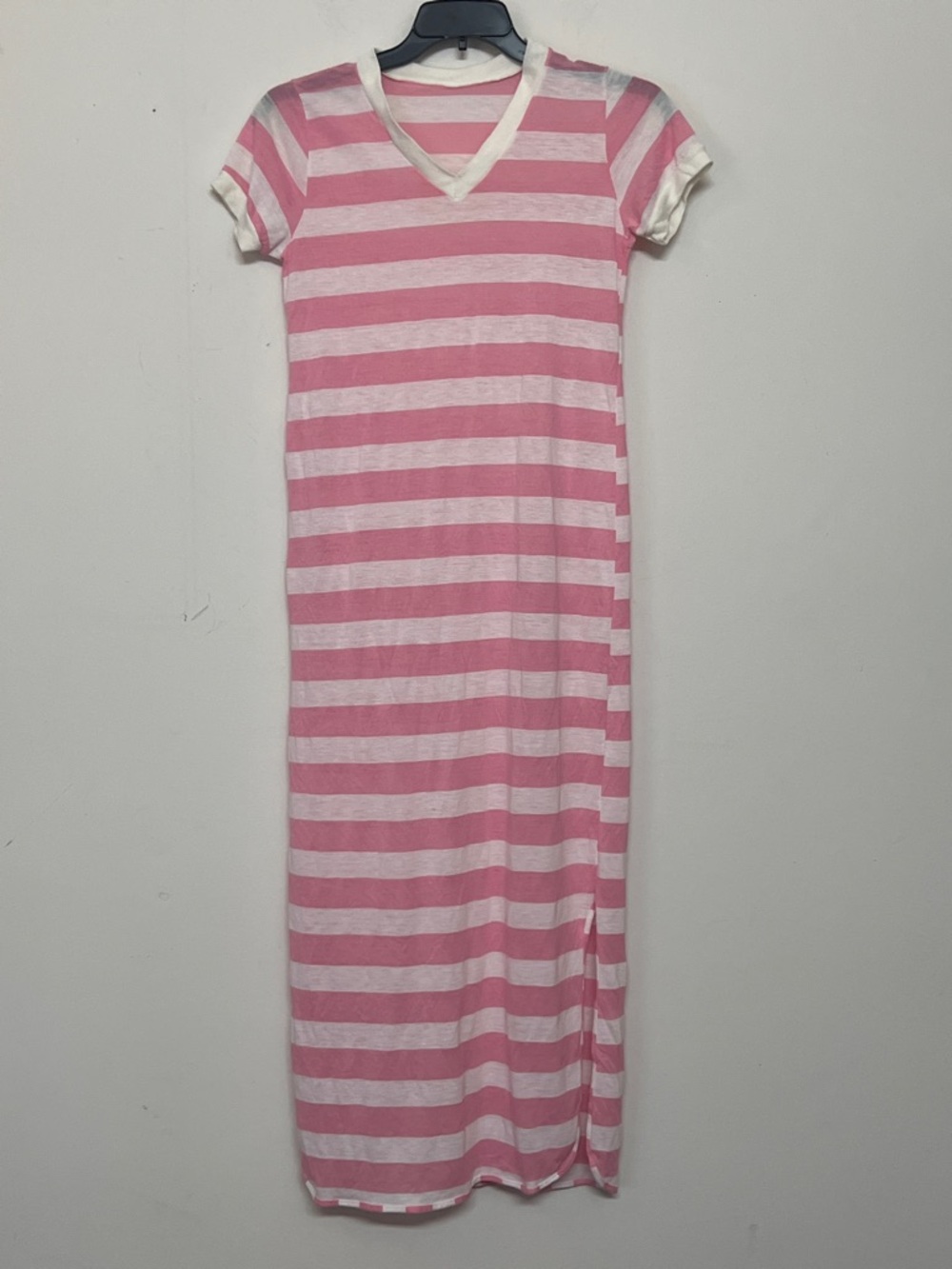 Sears JR Bazaar 70s vintage Pink & White Stripe V-Neck Maxi T-Shirt Dress Jr S